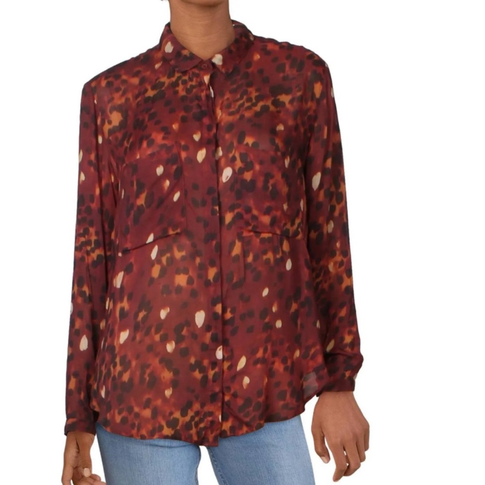 Bella Dahl Maroon Cheetah Print Long Sleeve Button Up Collared Blouse